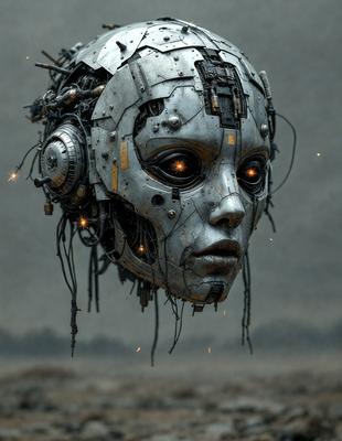 The primary subject of the image is a futuristic robot head with a metallic appearance. The robot head is the main focus of the image, and it is set against a gray background. The visual style of the image is digital art, as it appears to be a computer-generated or digitally manipulated image. The colors and mood of the image are dark and mysterious, with the robot head being the main source of light and contrast in the scene.